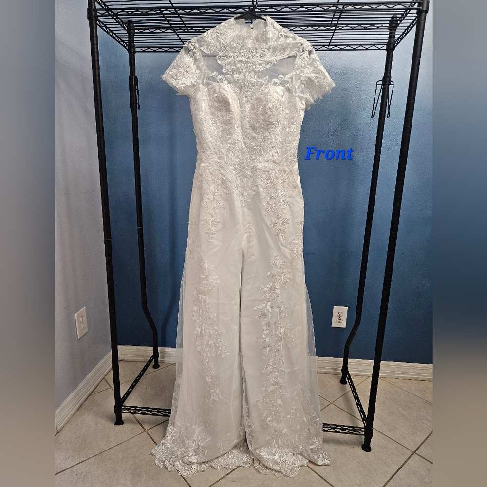 White Bridal Jumpsuit with Pockets & High Lace Neckline